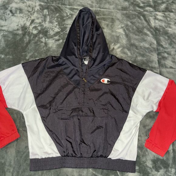 Champion Windbreaker Track Jacket Women's Large Red Black Kangaroo Pocket Hooded - Picture 3 of 10